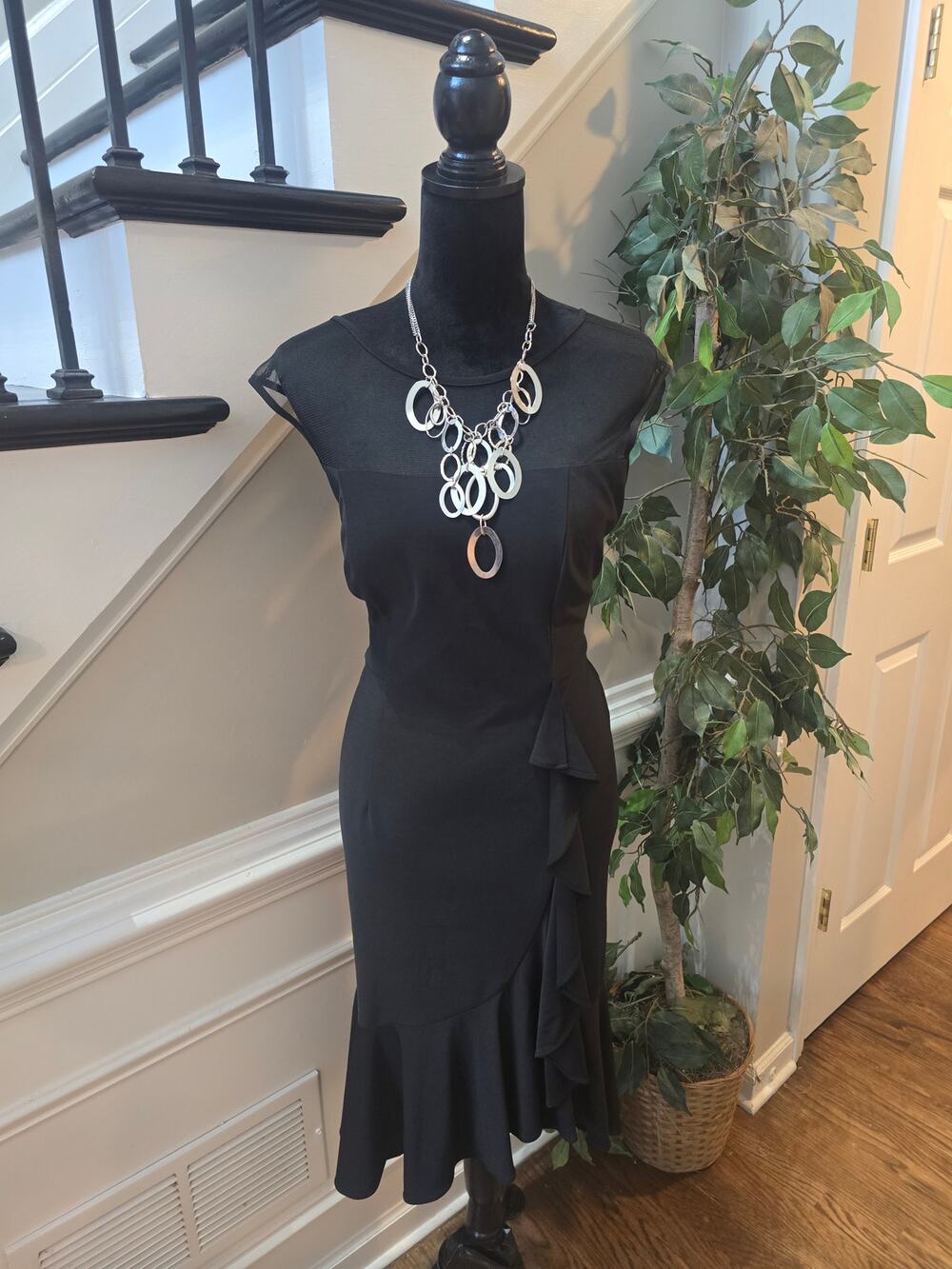 R&M Richards Midi Dress Women's SZ 8 Black Ruffle Flute Hem Asymmetric Cascade